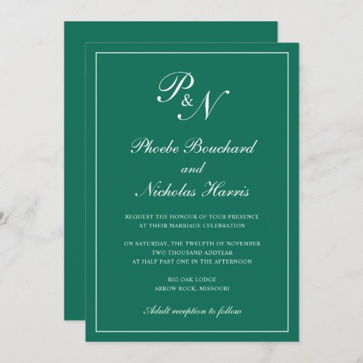 Elegant Formal Monogram Emerald Green Wedding Kaart (Voorkant / Achterkant)