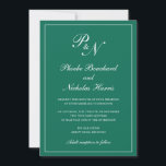 Elegant Formal Monogram Emerald Green Wedding Kaart<br><div class="desc">Traditionele stijl emerald green bruiloft-uitnodiging met een eenvoudig en klassiek ontwerp met uw twee initiaal monogram en uw namen in een elegante kalligrafie binnen een dunne rand. Alle ontwerpelementen kunnen worden gewijzigd in het ontwerpbewerkgereedschap. Deze elegante trouwuitnodigingen zijn perfect voor een formele bruiloft.</div>