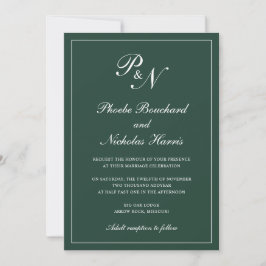 Elegant Formal Monogram Forest Green Wedding Kaart