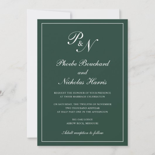 Elegant Formal Monogram Forest Green Wedding Kaart (Voorkant)