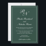 Elegant Formal Monogram Forest Green Wedding Kaart<br><div class="desc">Traditionele groene,  stijlvolle uitnodiging voor een bruiloft met een eenvoudig en klassiek ontwerp met uw twee initiaal monogram en uw namen in een elegante kalligrafie binnen een dunne rand. Alle ontwerpelementen kunnen worden gewijzigd in het ontwerpbewerkgereedschap. Deze elegante trouwuitnodigingen zijn perfect voor een formele bruiloft.</div>