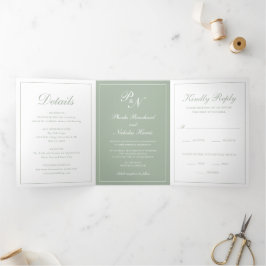 Elegant Formal Monogram Foto Sage Green Wedding Drieluik Uitnodiging
