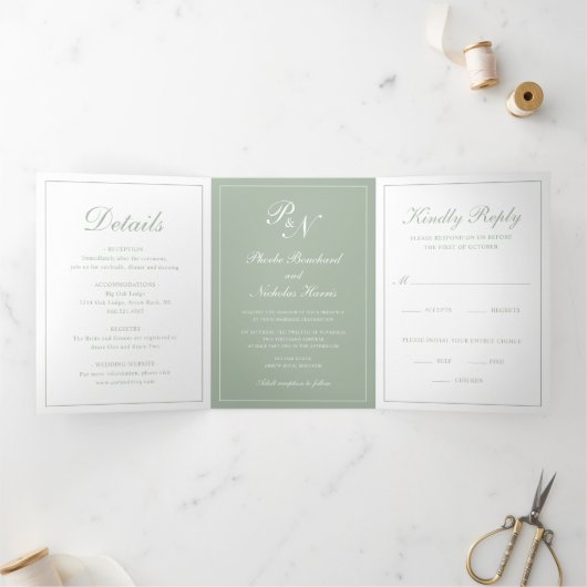 Elegant Formal Monogram Foto Sage Green Wedding Drieluik Uitnodiging (Binnen)
