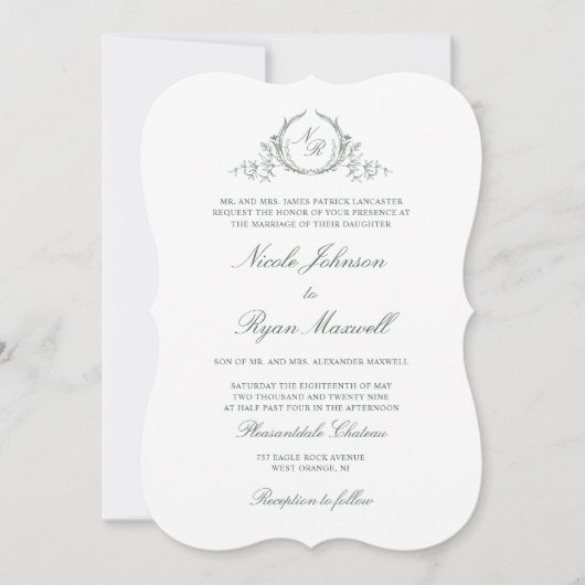 Elegant Formal Monogram Green Wedding Kaart (Voorkant)