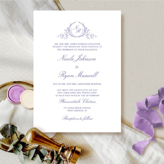 Elegant Formal Monogram Lavender Wedding Kaart