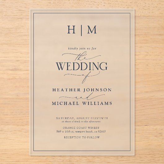 Elegant Formal Navy Blue Calligraphy Wedding Acryl Uitnodigingen (Voorkant)
