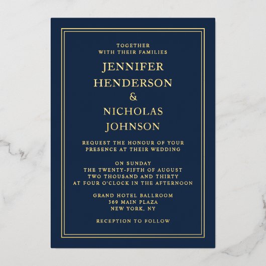 Elegant Formal Navy Blue Wedding Gold Foil Folie Uitnodiging (Voorkant)