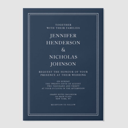 Elegant Formal Navy Blue Wedding Vellum Uitnodigingen (Voorkant)