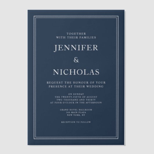 Elegant Formal Navy Blue Wedding Vellum Uitnodigingen (Voorkant)