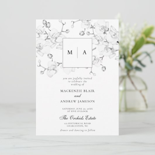 Elegant Formal Orchids Wreater Monogram Wedding Kaart (Staand voorkant)