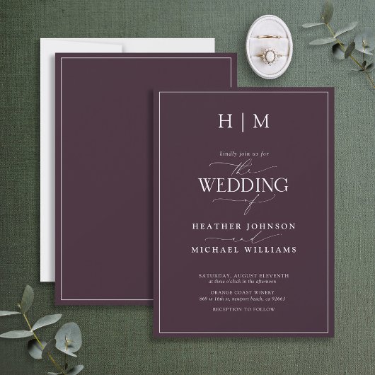 Elegant Formal Plum Paars Calligraphy Wedding IV Kaart