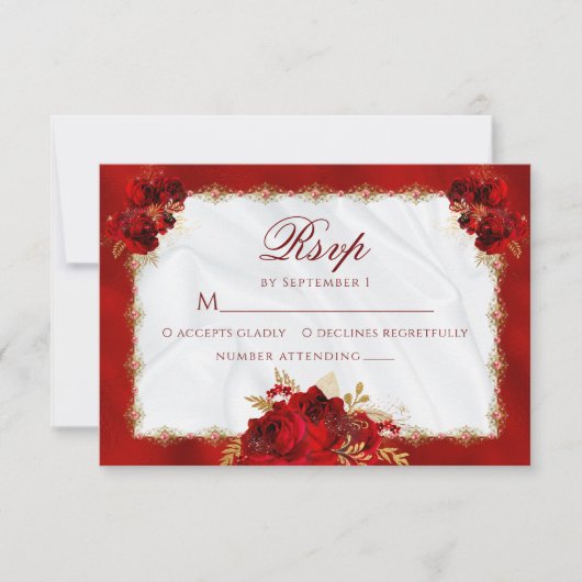 Elegant Formal Red Gold Floral Wedding RSVP Kaartje (Voorkant)