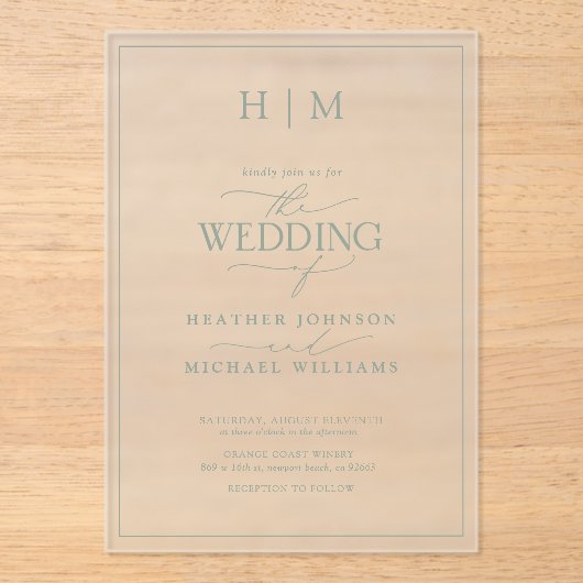 Elegant Formal Sage Green Calligraphy Wedding Acryl Uitnodigingen (Voorkant)