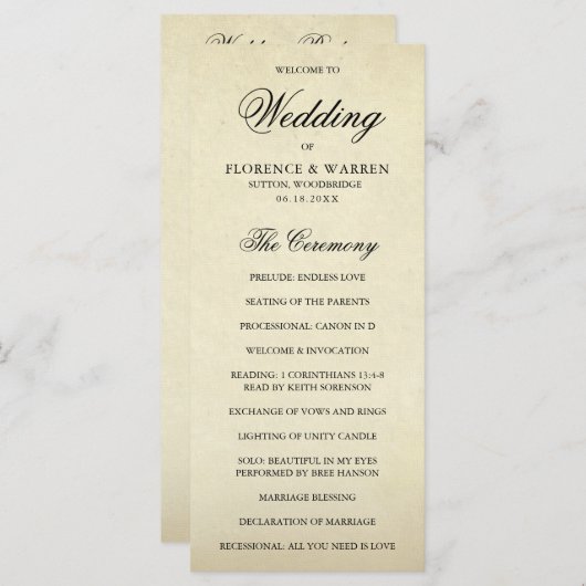 Elegant Formal Vintage Wedding Programmakaart (Voorkant / Achterkant)