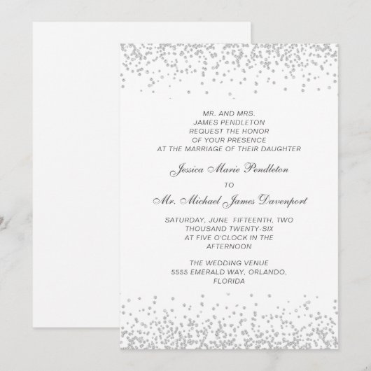 Elegant Formal White Silver Glitter Wedding Kaart (Voorkant / Achterkant)