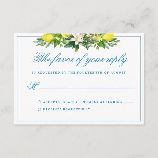 Elegant Formeel Blauw Bloemen Crest Bruiloft RSVP Informatiekaartje (Voorkant)