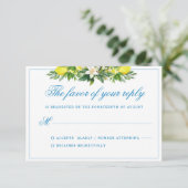 Elegant Formeel Blauw Bloemen Crest Bruiloft RSVP Informatiekaartje (Staand voorkant)