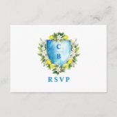 Elegant Formeel Blauw Bloemen Crest Bruiloft RSVP Informatiekaartje (Achterkant)