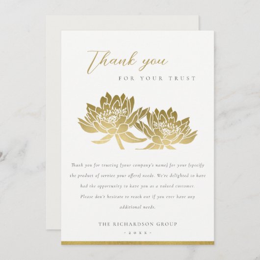 ELEGANT FORMEEL FAUX GOLD LOTUS FLORAL BUSINESS BEDANKKAART (Voorkant / Achterkant)
