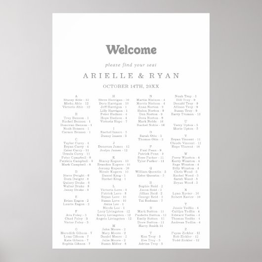 Elegant formeel minimaal alfabetisch zitplaatskaar poster (Voorkant)