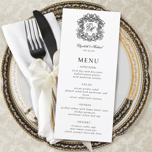 Elegant Formeel Monogram Crest Bruiloft Menu