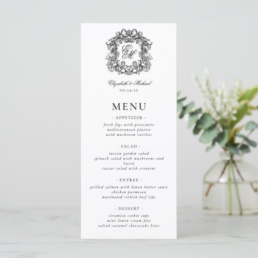 Elegant Formeel Monogram Crest Bruiloft Menu (Staand voorkant)