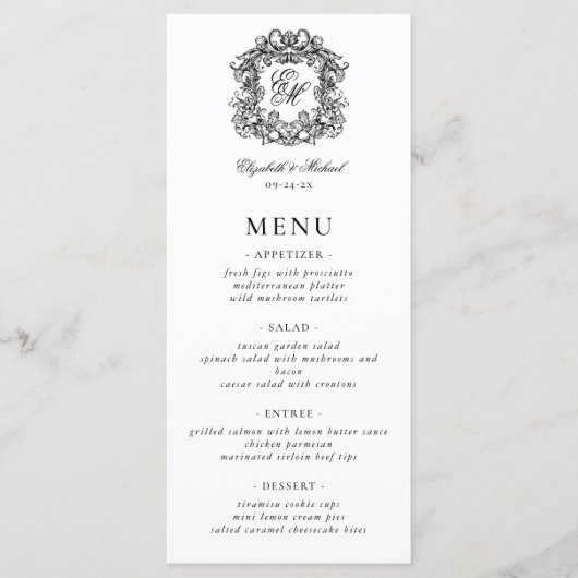 Elegant Formeel Monogram Crest Bruiloft Menu (Voorkant)