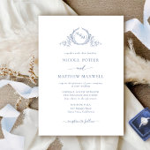 Elegant Formeel Monogram Stoffig Blauw Bruiloft Kaart