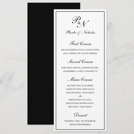 Elegant formeel monogram traditionele trouwdag menu (Voorkant / Achterkant)