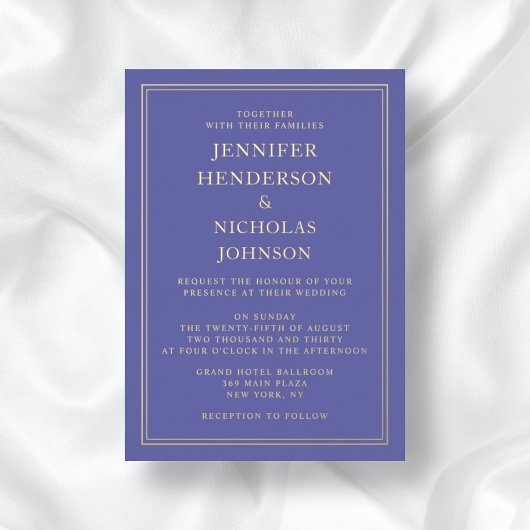 Elegant formeel paars trouwgoud folie uitnodiging