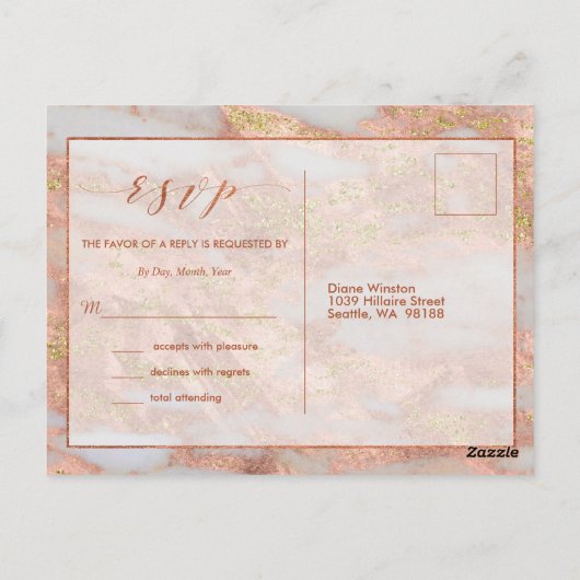 Elegant formeel Roos Gold Marble RSVP-behuizing Briefkaart (Achterkant)