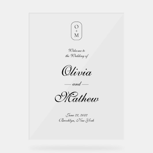 Elegant formeel script Monogram Huwelijk Welkom Acryl Bord (Voorkant)