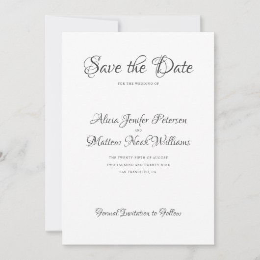 Elegant formeel script zwart-wit bruiloft save the date (Voorkant)