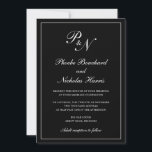 Elegant formeel traditioneel monogram zwart huweli kaart<br><div class="desc">Traditionele zwarte trouwuitnodiging met een eenvoudig en klassiek ontwerp met uw twee initiaal monogram en uw namen in een elegante kalligrafie binnen een dunne rand. Alle ontwerpelementen kunnen worden gewijzigd in het ontwerpbewerkgereedschap. Deze elegante trouwuitnodigingen zijn perfect voor een formele bruiloft.</div>