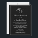 Elegant formeel traditioneel monogram zwart huweli kaart<br><div class="desc">Traditionele zwarte trouwuitnodiging met een eenvoudig en klassiek ontwerp met uw twee initiaal monogram en uw namen in een elegante kalligrafie binnen een dunne rand. Alle ontwerpelementen kunnen worden gewijzigd in het ontwerpbewerkgereedschap. Deze elegante trouwuitnodigingen zijn perfect voor een formele bruiloft.</div>