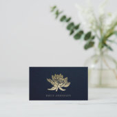 ELEGANT FORMEEL TRENDY NAVY FAUX GOLD LOTUS FLORAL VISITEKAARTJE (Staand voorkant)