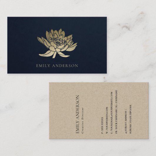 ELEGANT FORMEEL TRENDY NAVY FAUX GOLD LOTUS FLORAL VISITEKAARTJE (Voorkant / Achterkant)