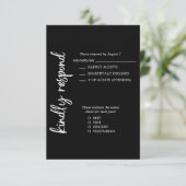 Elegant formeel vet script zwart wit bruiloft RSVP kaartje (Staand voorkant)