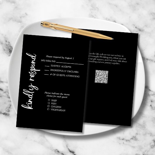 Elegant formeel vet script zwart wit bruiloft RSVP kaartje