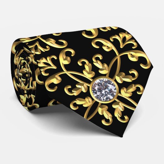 Elegant Formeel Zwart Goud en Diamant Stropdas (Opgerold)