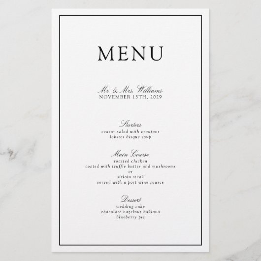 Elegant formeel zwart-wit script huwelijksmenu (Voorkant)