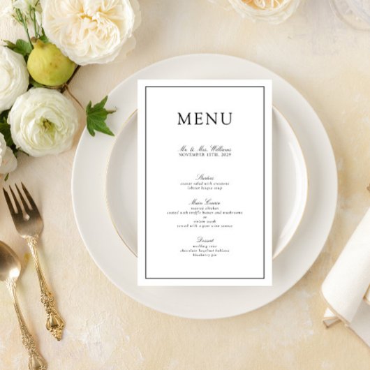 Elegant formeel zwart-wit script huwelijksmenu