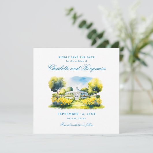 Elegant Formele Bruiloft Blauw Monogram Crest Cust Save The Date (Staand voorkant)