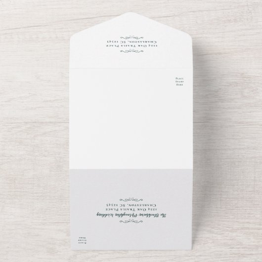 Elegant Formele Bruiloft Smaragd Groen Wit Trifold All In One Uitnodiging (Buitenkant)