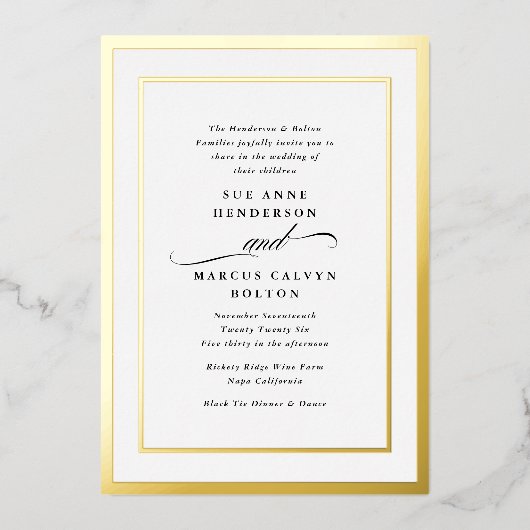 Elegant Formele Kalligrafie Goud Lijst Bruiloft Folie Uitnodiging (Voorkant)