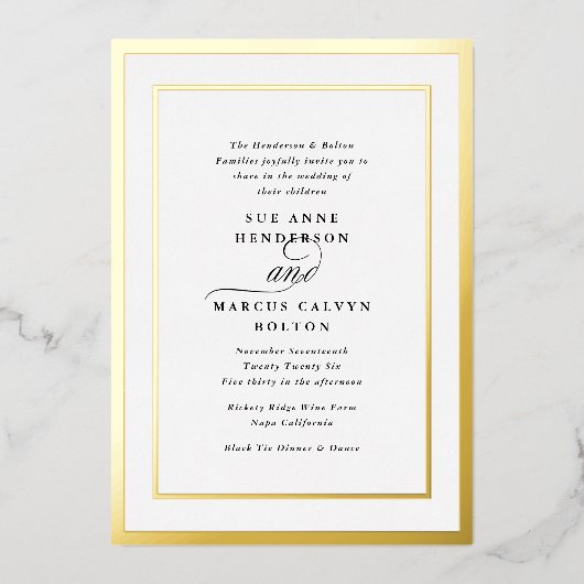 Elegant Formele Kalligrafie Goud Lijst Bruiloft Folie Uitnodiging (Voorkant)