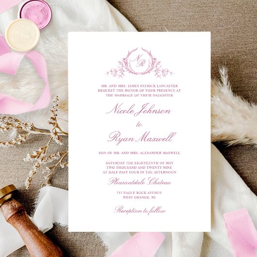 Elegant Formele Monogram Mauve Pink Wedding Kaart