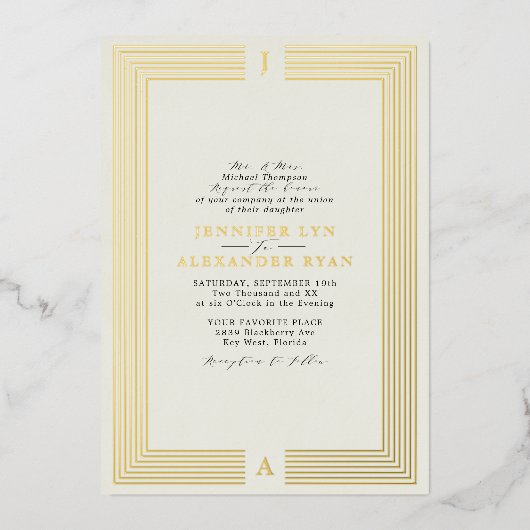 Elegant Formele Monogram Weddenschap Gold Foil Inv Folie Uitnodiging (Voorkant)