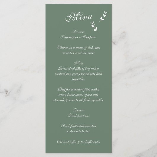 Elegant Formele Salie Olijf Groen Script Bruiloft Menu (Voorkant)