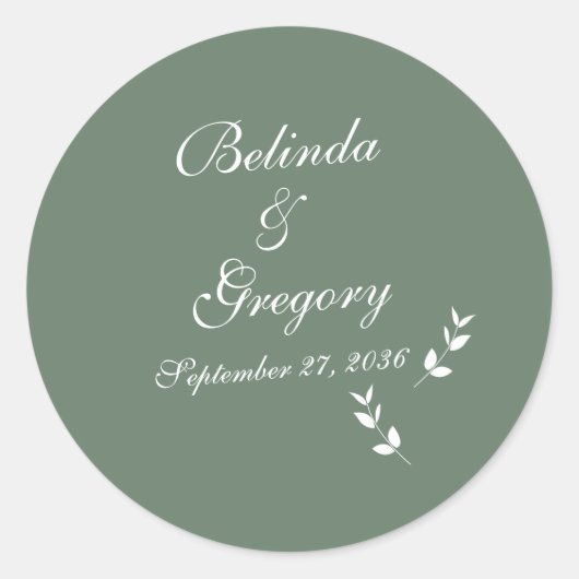 Elegant Formele Salie Olijf Groen Script Bruiloft Ronde Sticker (Voorkant)